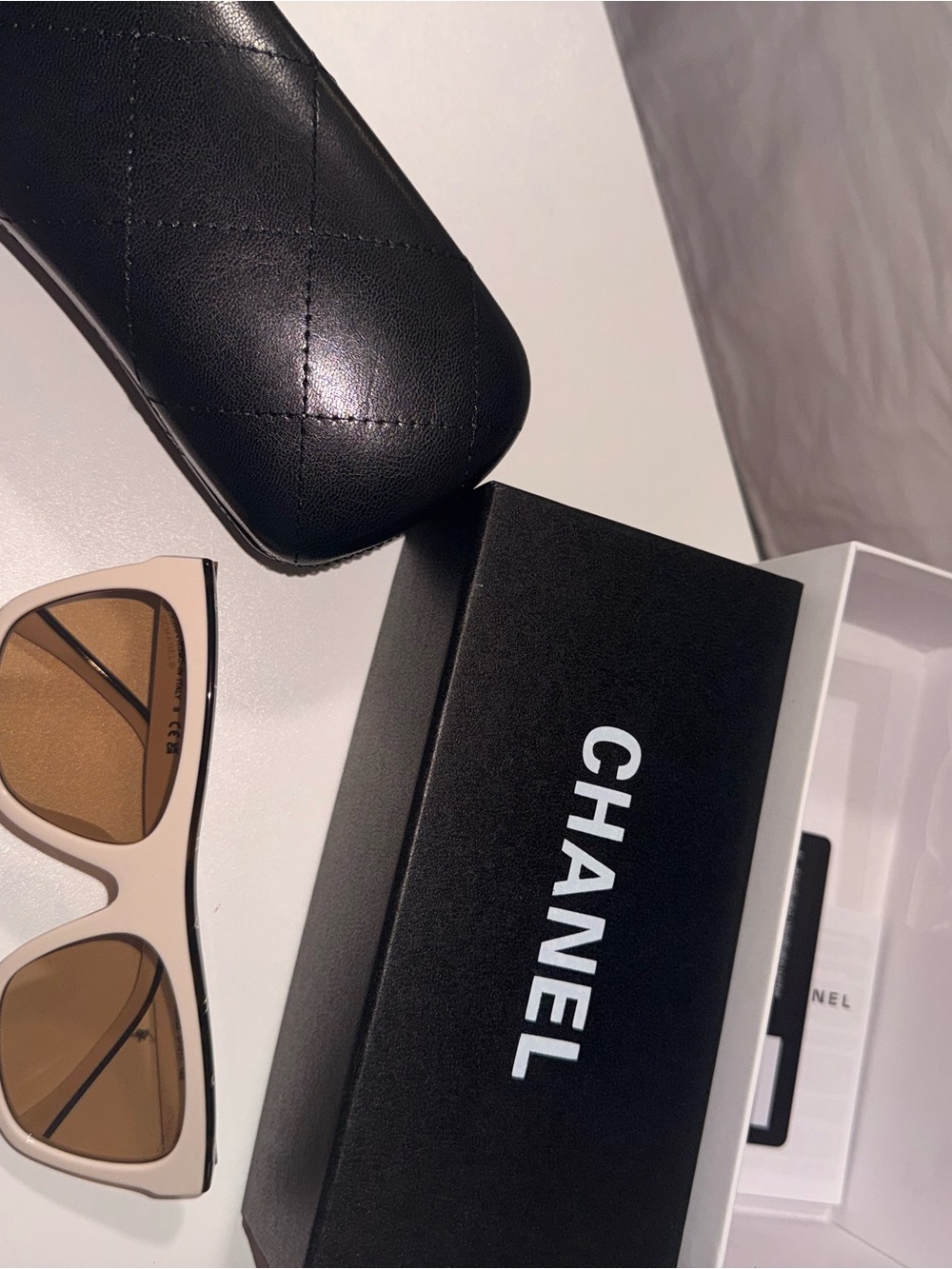 CHANEL Beige Frame Sunglasses with Brown Lenses and Black Case